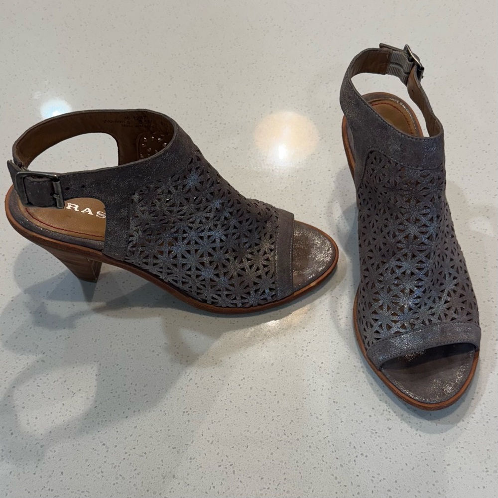 Trask Metallic Pewter Open Toe Slingback Booties Women 8.5  EUC